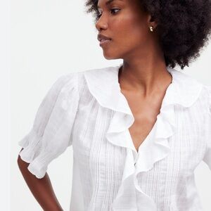 Madewell Ruffle Puff Sleeve Peplum Top in Windowpane